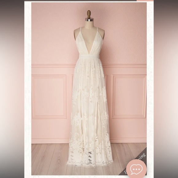 Kailania Snow | Ivory Floral Mesh Deep V-Neck Maxi Dress - Picture 1 of 6